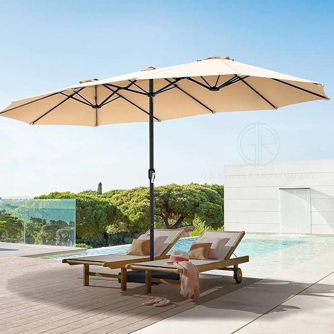 THESHELTERS - 15ft Large Outdoor Umbrella Double-Sided Patio Umbrella with 65Kg Movable Stand, Crank Handle, 12 Ribs Rectangular Garden Umbrella for Patio Graden, Poolside, Terrace, Cafe and Hotels
